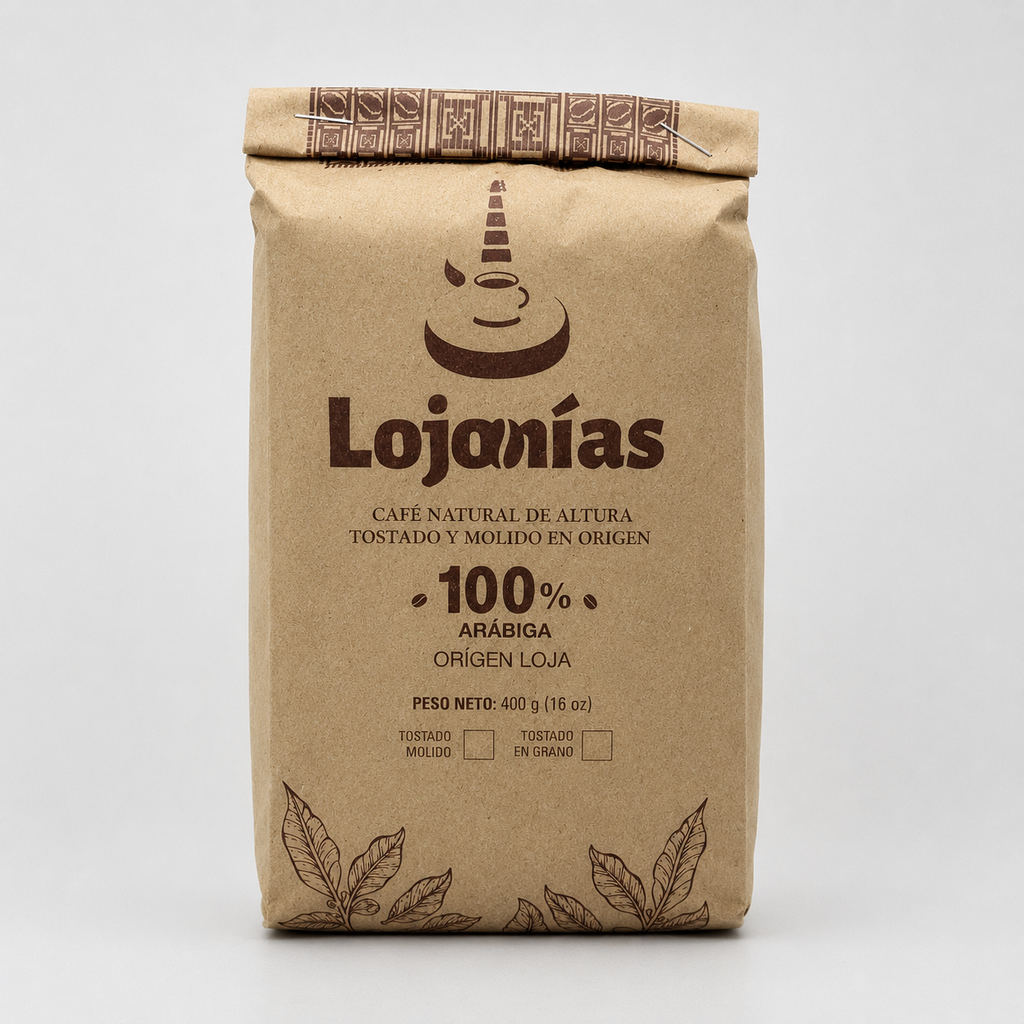 Bolsa frontal de Café Lojanías Tradicional 100% arábica, natural de altura, tostado y molido, origen Loja, 400 g.