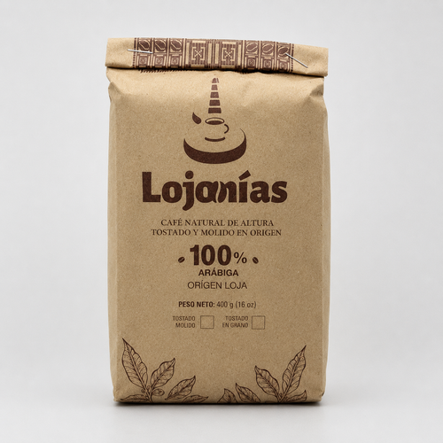 Bolsa frontal de Café Lojanías Tradicional 100% arábica, natural de altura, tostado y molido, origen Loja, 400 g.