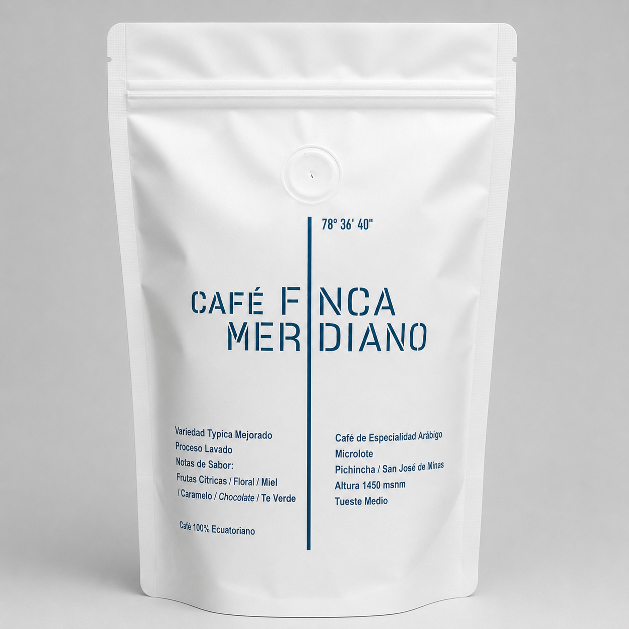Bolsa frontal de Café Finca Meridiano, Typica Mejorado lavado de San José de Minas, Pichincha, tueste medio y notas cítricas, florales, miel, caramelo, chocolate y té verde.