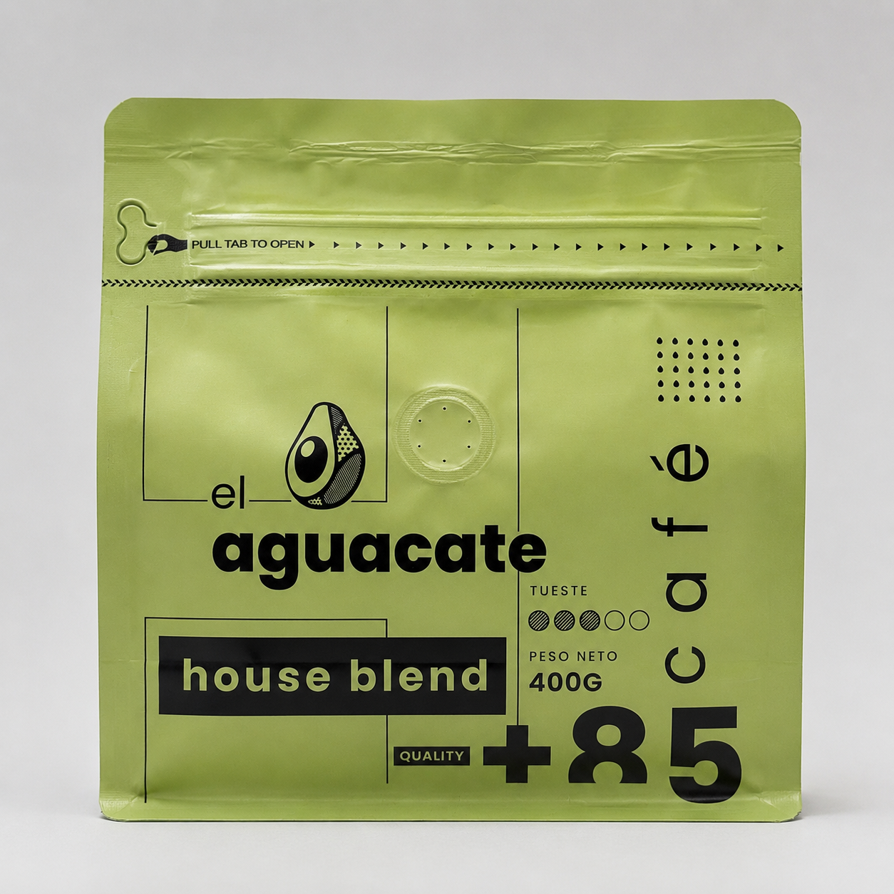 Bolsa frontal de Café El Aguacate House Blend 85+, café de especialidad ecuatoriano de Loja, presentación de 400 g.