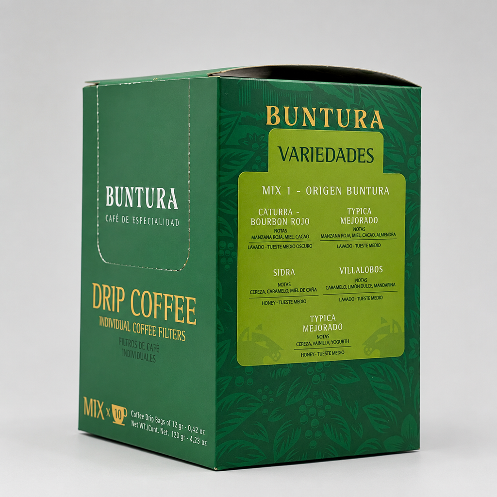 Lateral de la caja de Drip Coffee Mix mostrando las cinco variedades incluidas: Caturra Bourbon Rojo, Typica Mejorado, Sidra, Villalobos y Typica Mejorado Honey, con sus notas de cata y procesos.