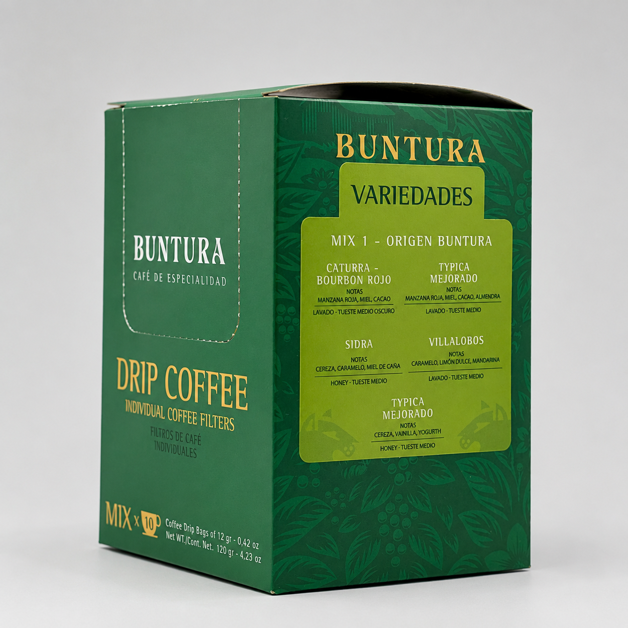 Lateral de la caja de Drip Coffee Mix mostrando las cinco variedades incluidas: Caturra Bourbon Rojo, Typica Mejorado, Sidra, Villalobos y Typica Mejorado Honey, con sus notas de cata y procesos.