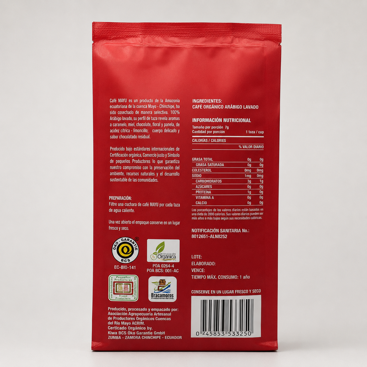 Parte posterior de la bolsa de Café Mayu Fuerte, con perfil de sabor, preparación, certificaciones orgánicas, información nutricional y datos sanitarios.