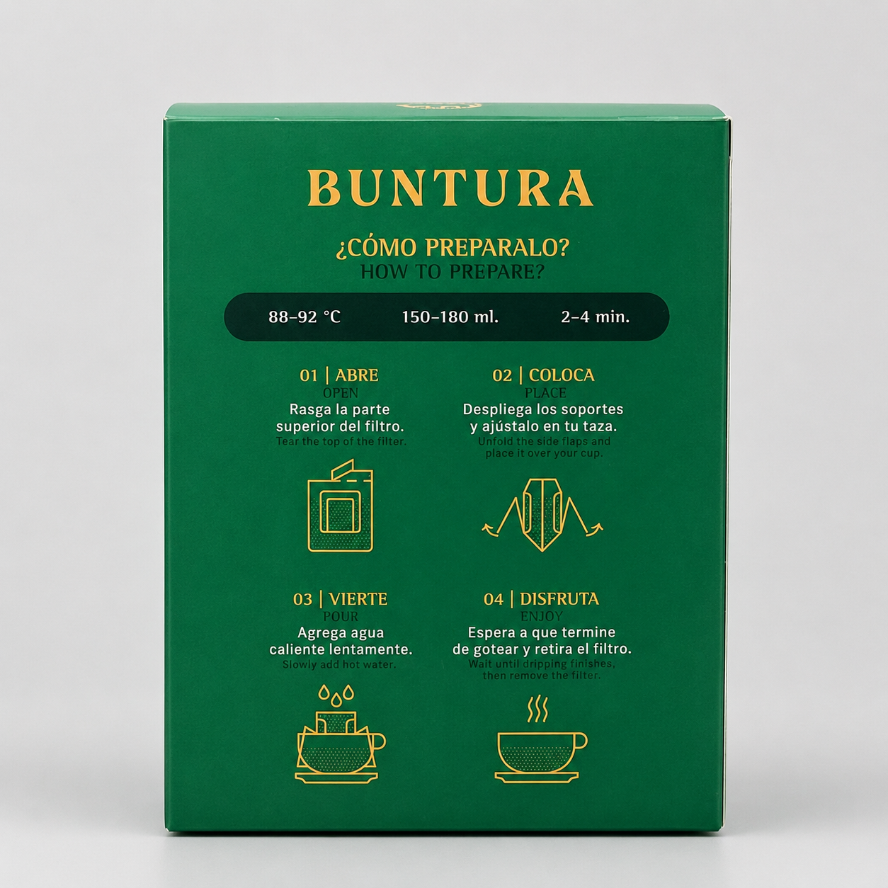 Parte posterior de la caja de Drip Coffee Mix con instrucciones ilustradas para preparar café filtrado individual, temperatura recomendada de 88–92 °C, 150–180 ml de agua y un tiempo de extracción de 2 a 4 minutos.