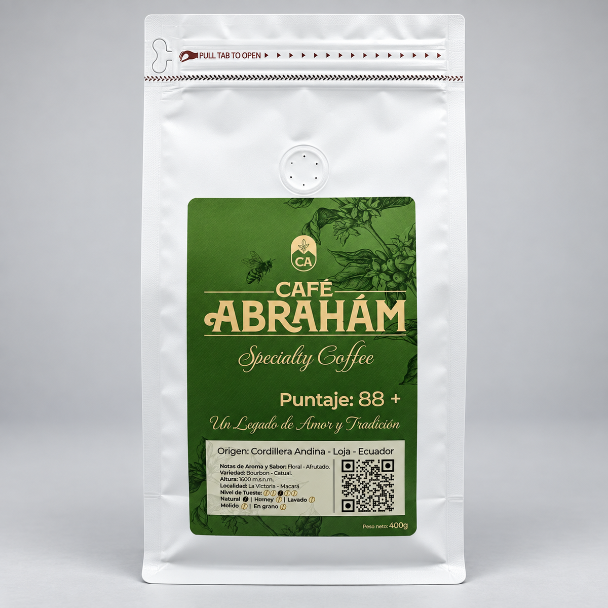Bolsa de Café Abrahám Bourbon Catuaí de 400 g, café de especialidad 100 % Arábica cultivado en Mácara, Loja, Ecuador, con proceso natural, 88+ puntos, tueste medio y perfil floral y afrutado.