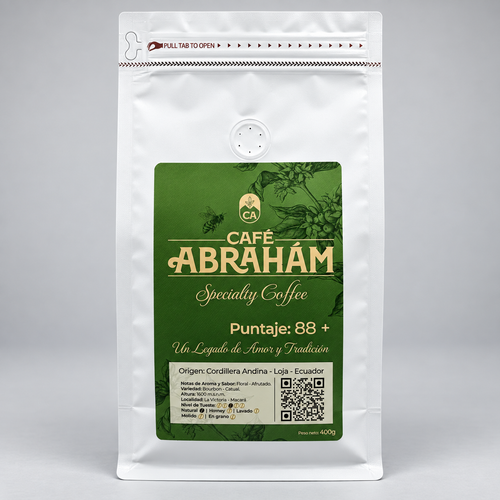 Bolsa de Café Abrahám Bourbon Catuaí de 400 g, café de especialidad 100 % Arábica cultivado en Mácara, Loja, Ecuador, con proceso natural, 88+ puntos, tueste medio y perfil floral y afrutado.