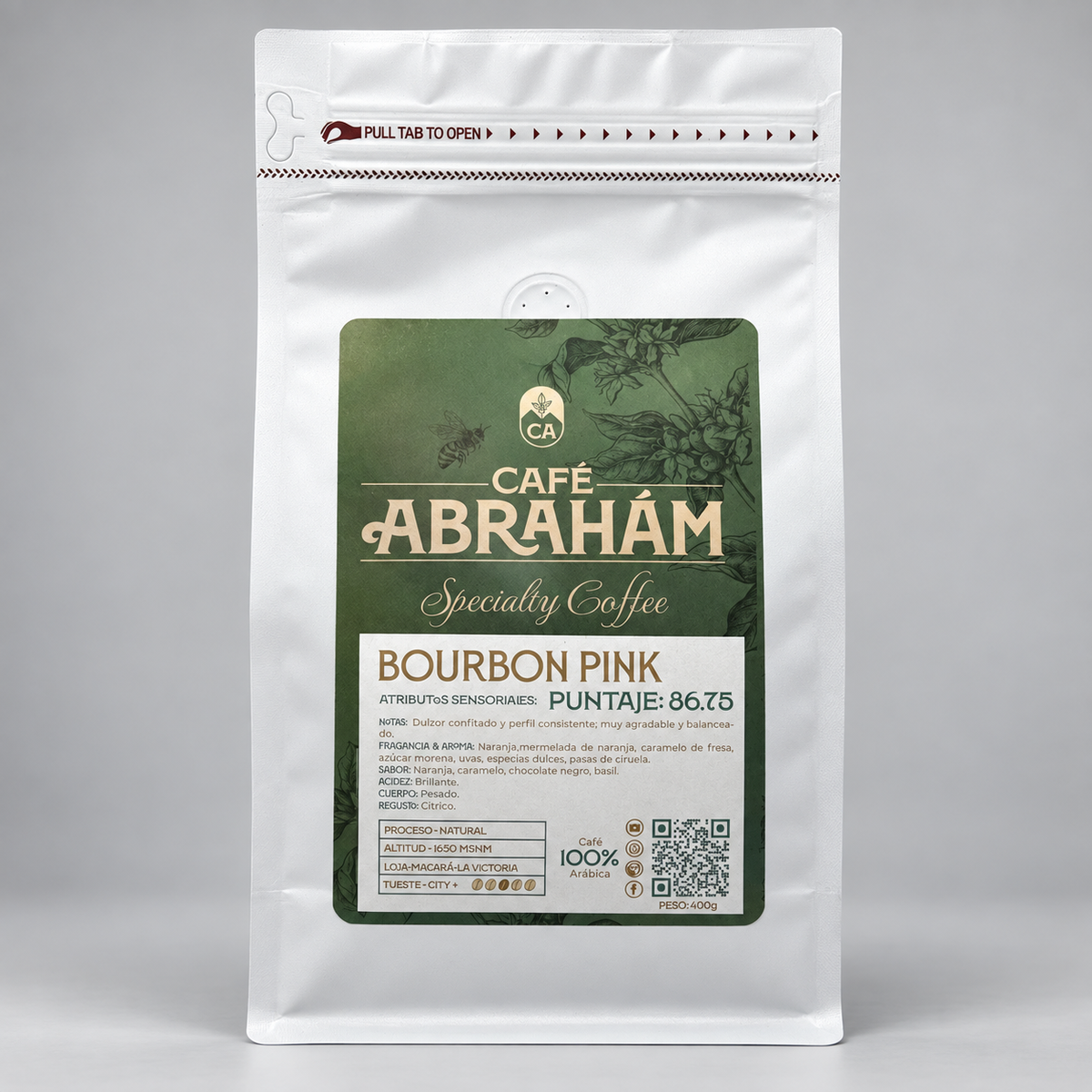 Café Abrahám Bourbon Pink 86.75, café ecuatoriano de especialidad de Loja, proceso natural, empaque blanco de 400 g.
