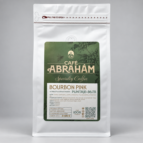 Café Abrahám Bourbon Pink 86.75, café ecuatoriano de especialidad de Loja, proceso natural, empaque blanco de 400 g.