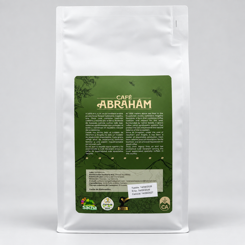 Reverso del Café Abrahám Bourbon Pink 86.75 con historia de la finca, datos del productor, lote, fechas y premios.