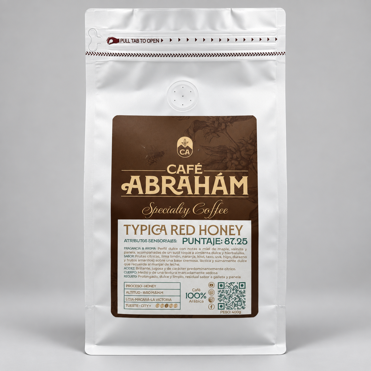 Café Abrahám Typica Red Honey 400 g, café de especialidad ecuatoriano de Loja, proceso honey, puntaje 87.25, en empaque blanco con etiqueta marrón.