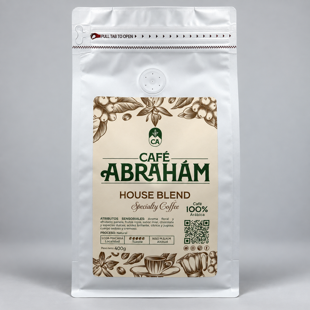 Café Abrahám House Blend, café arábica ecuatoriano de Loja, proceso natural, perfil floral y afrutado, empaque de 400g.