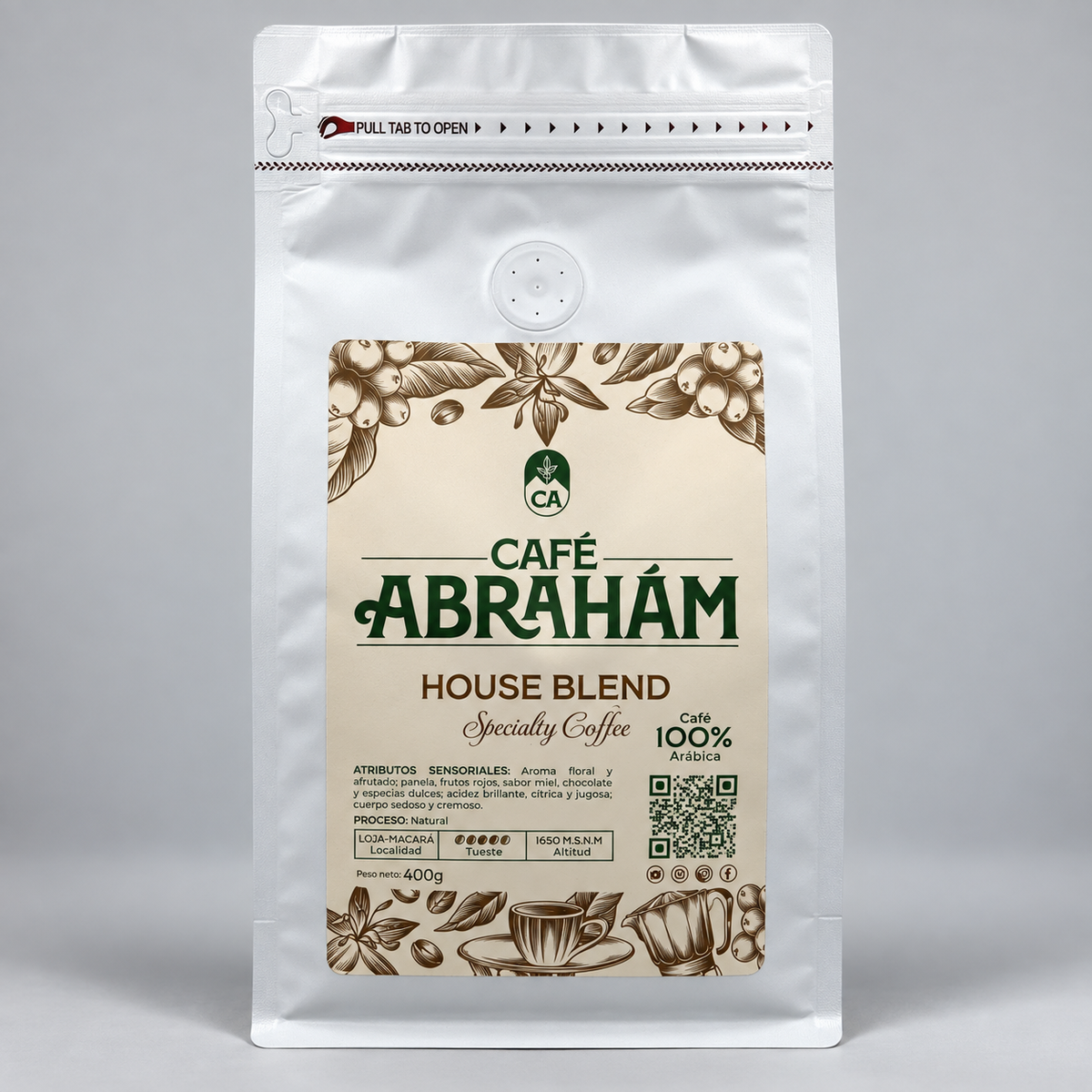 Café Abrahám House Blend, café arábica ecuatoriano de Loja, proceso natural, perfil floral y afrutado, empaque de 400g.
