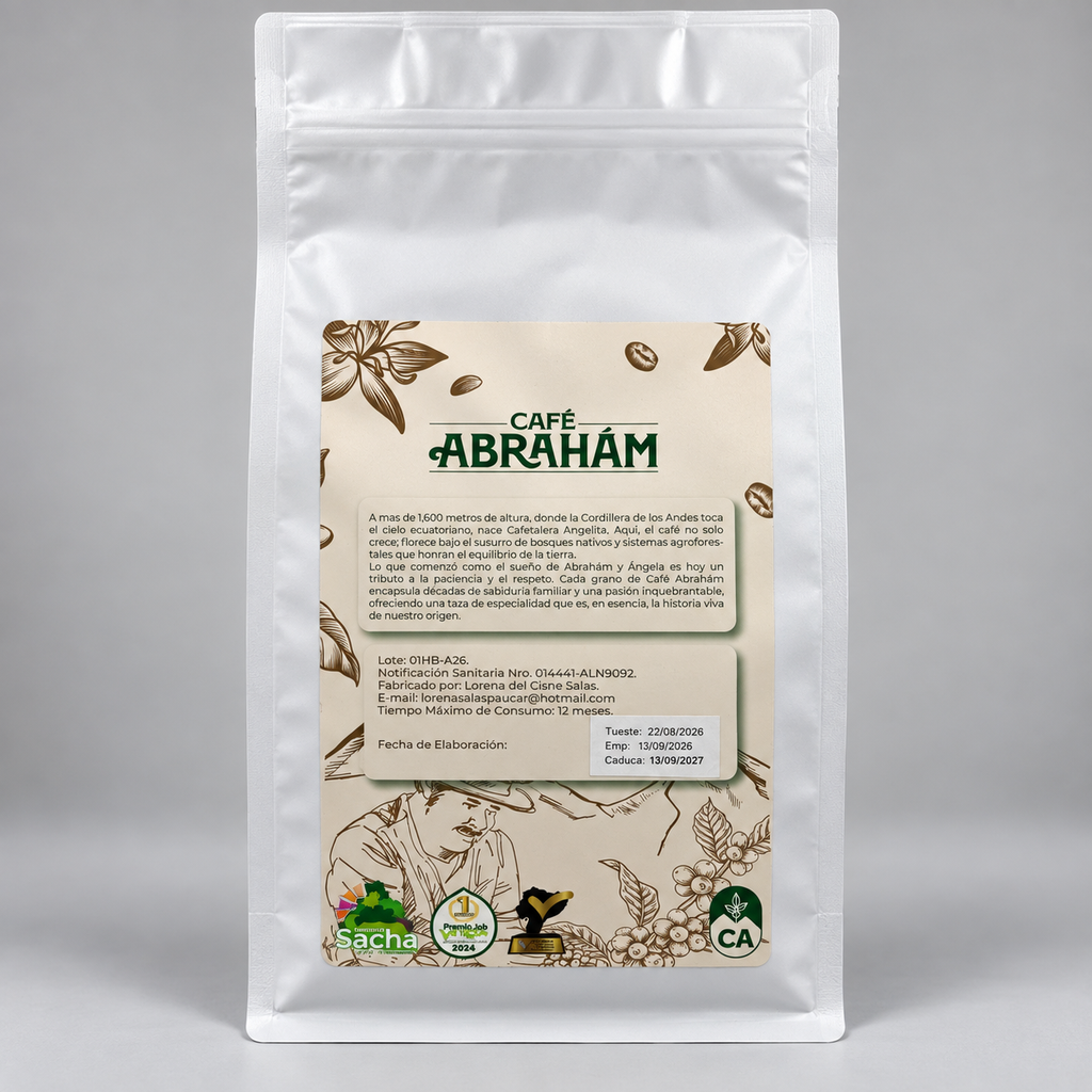 Reverso del Café Abrahám House Blend con historia de Cafetalera Angelita, información del productor, lote y fechas del café.