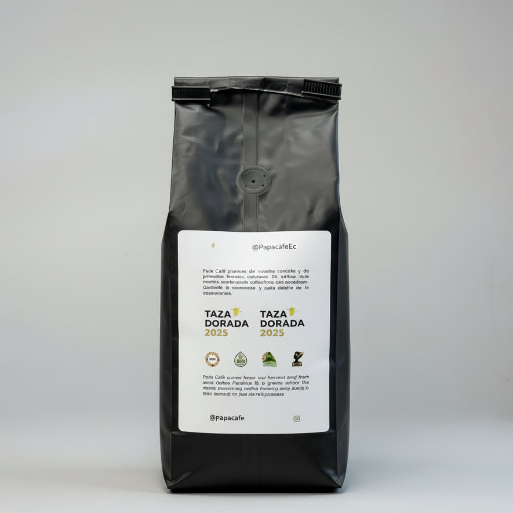 Reverso bolsa Café Premium Papá Café 400g — información del producto, origen Loja Ecuador