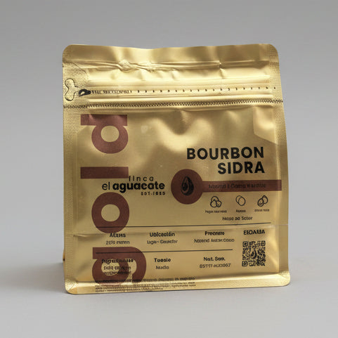 Parte posterior del café Bourbon Sidra Finca El Aguacate Gold con proceso natural anaeróbico y notas de higos ciruela y pera roja