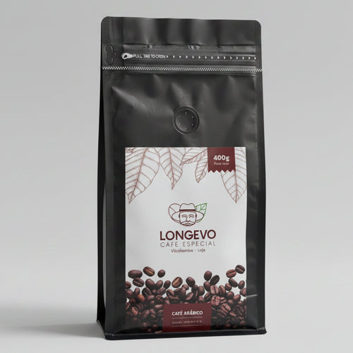 Empaque de Café Molido Longevo, café artesanal ecuatoriano 100% natural con instrucciones de preparación tradicional