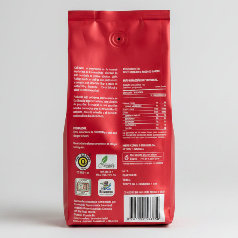 Parte posterior del empaque rojo de Café Mayu Tueste Oscuro, con información del café orgánico arábigo de altura de Zamora Chinchipe, Ecuador.