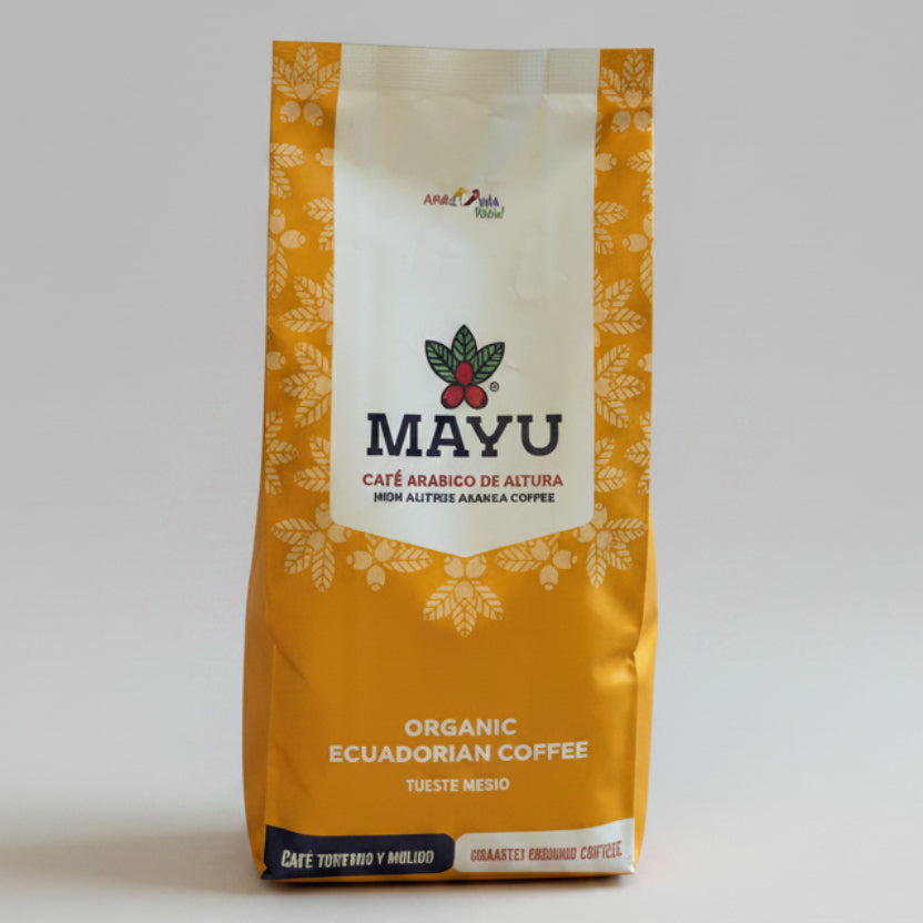 MAYU Café Arábigo de Altura tueste medio, café orgánico ecuatoriano tostado y molido en empaque amarillo.