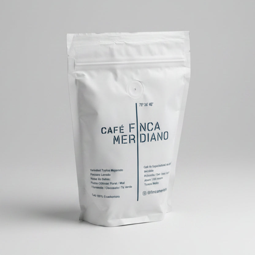 Funda de Café Finca Meridiano Typica Mejorado, café ecuatoriano de especialidad de San José de Minas, Pichincha.