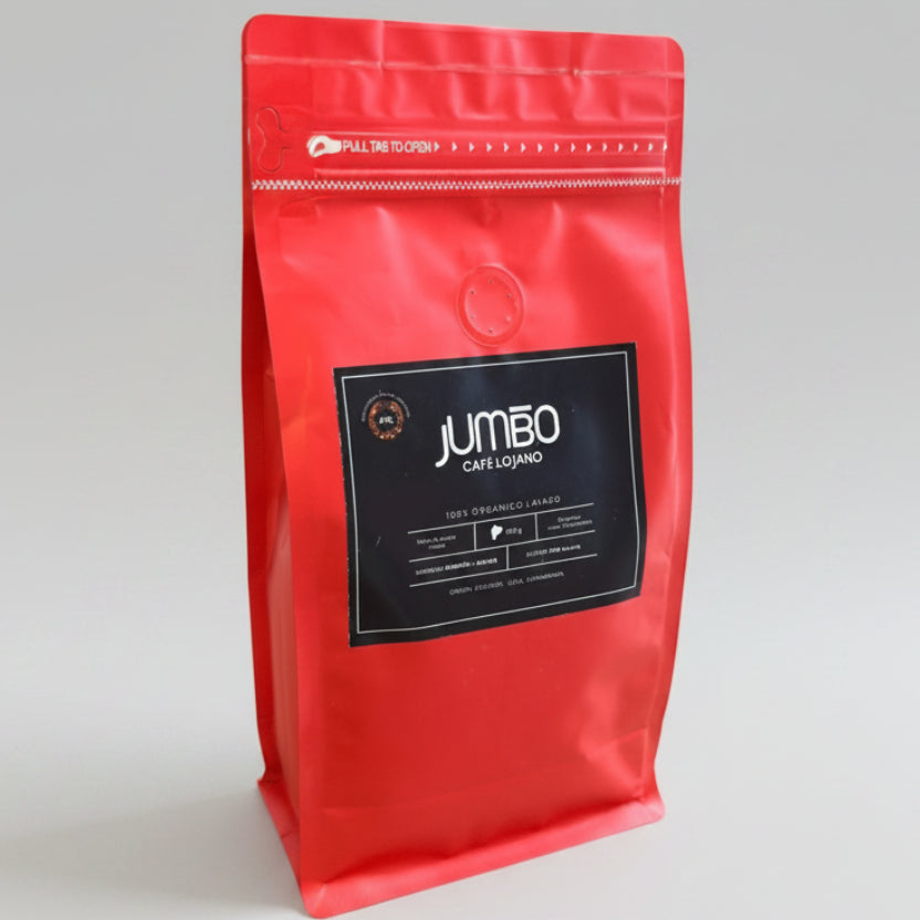 Bolsa roja de Jumbo Café Lojano orgánico lavado de Cariamanga, Loja, Ecuador, 400 g, tueste medio y variedad Borbón + Batian.