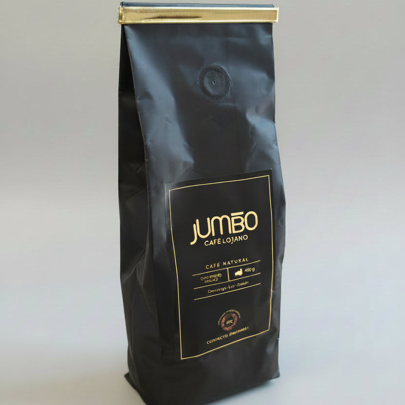 Parte trasera del empaque de Café Jumbo Tradicional 400g con etiqueta de instrucciones, café de altura de Cariamanga, Loja, Ecuador