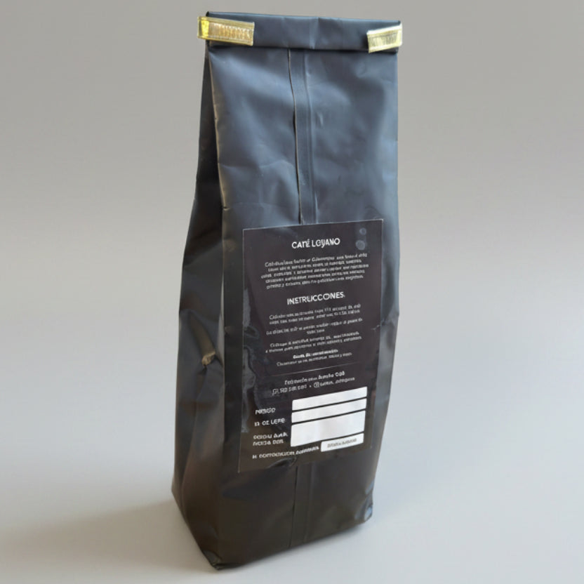 Empaque negro de Café Jumbo Lojano 400g, café natural de altura de Cariamanga, Loja, Ecuador