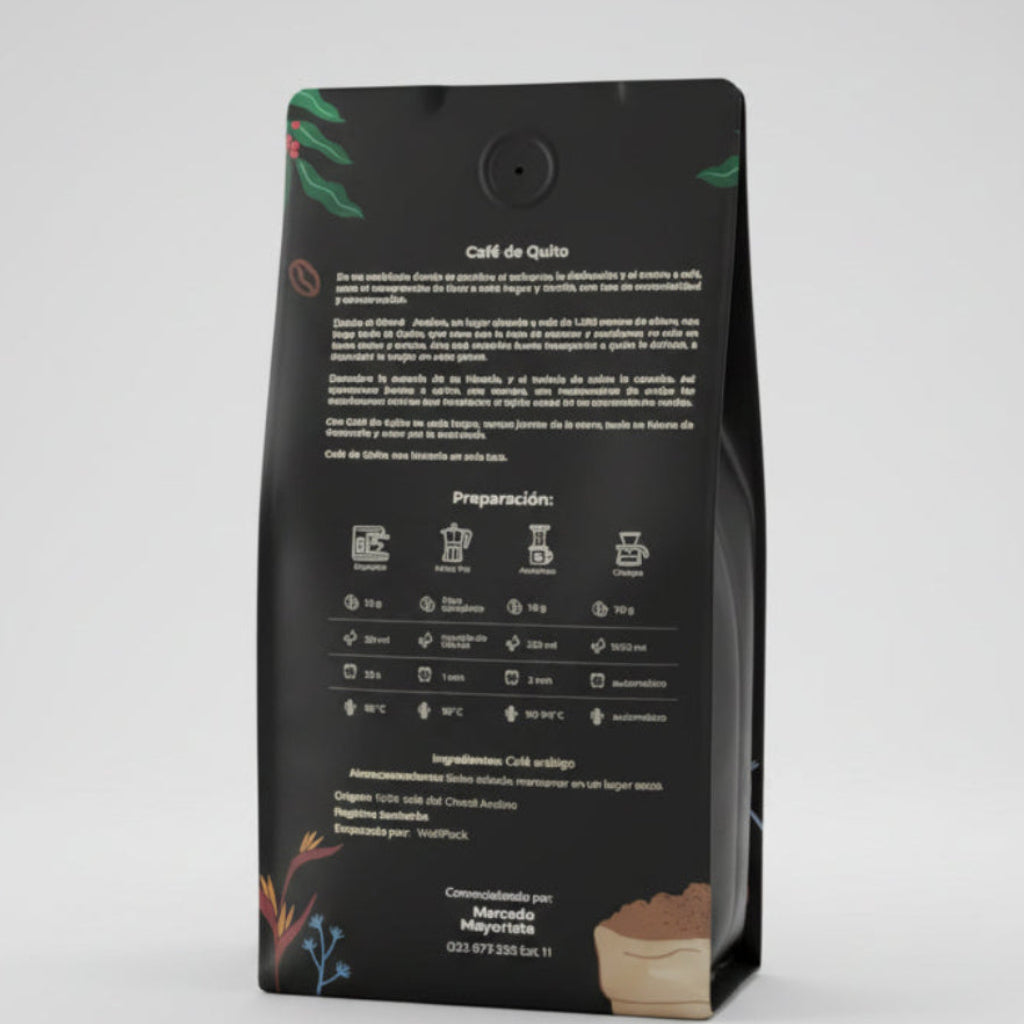 Empaque posterior de Café de Quito, café arábigo del Chocó Andino, con información de origen, preparación e ingredientes.